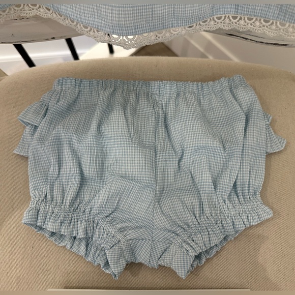 🦢 6~9 Mth Baby Seersucker Embroidered Lace Dress Ruffle Panty Hair Bow Set NWT - Picture 8 of 10